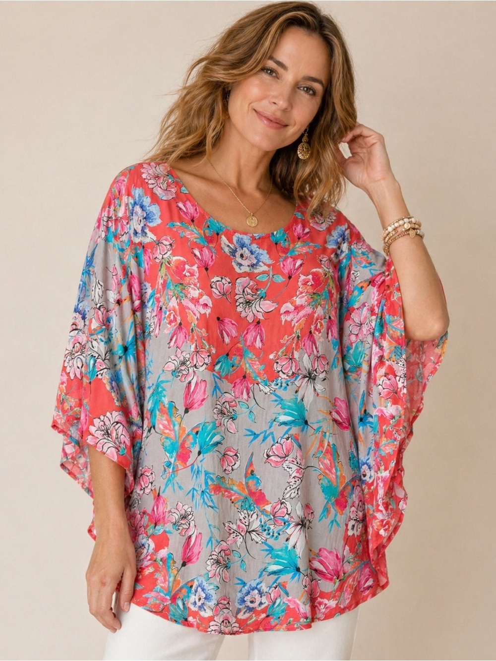 TOLANI COLLECTION Floral Boho Tunic Top Coral Multicolor Size 2X
